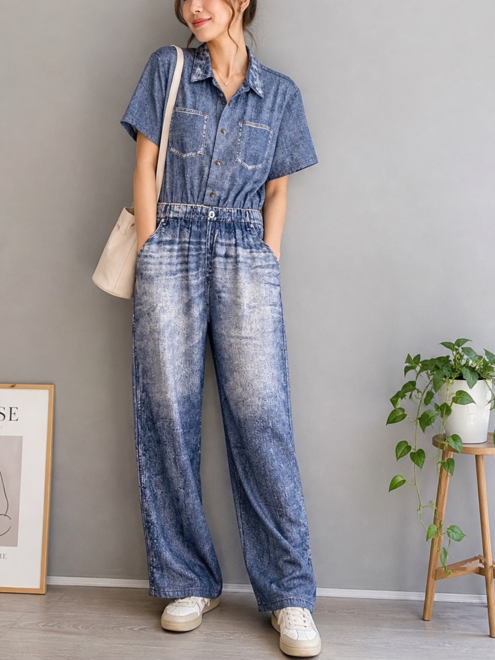 NWT Oddi Acid Washed Chambray Denim Jumpsuits Size Medium Casual
